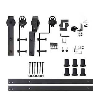 9 ft./108 in. Black Rustic Single Track Bypass Sliding Barn Door Track and Hardware Kit for Double Doors