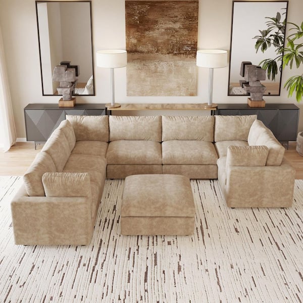 Magic Home Modular Cloud Couch, 134 in. Square Arm Chenille U-Shaped Sofa with Ottoman, Washable Covers for Home Theater in. Khaiki