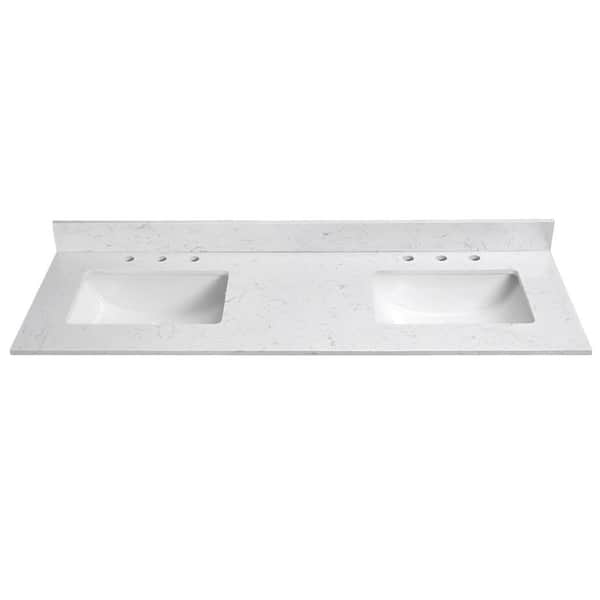 Classic 60 in. W x 22 in. D Quartz Stone White Rectangular Double Sink Bathroom Vanity Top in White Carrara