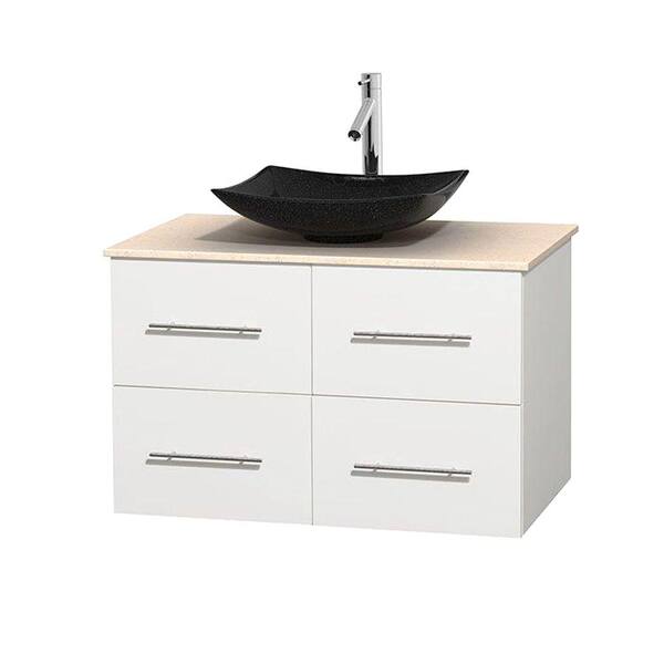 Wyndham Collection Centra 36 in. Vanity in White with Marble Vanity Top in Ivory and Black Granite Sink