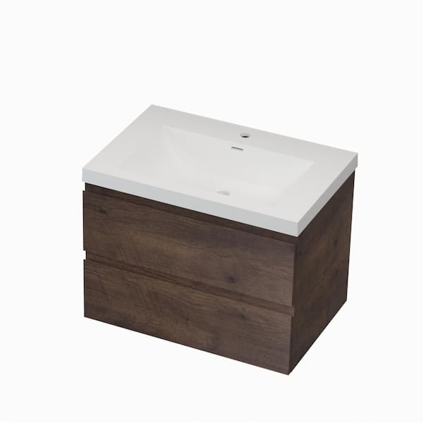 FUNKOL 30 in. W Modern Simplicity Floating Wall-Mounted Bathroom Vanity with White Single Sink in Brown