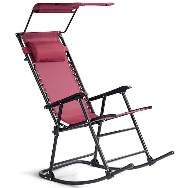 WELLFOR Metal Outdoor Rocking Chair Folding Chair in Wine Seat with Adjustable Canopy