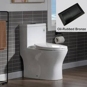 Elite 1-Piece 1.1/ 1.6 GPF Dual Flush Elongated Toilet in White with Seat Included and Oil Rubbed Bronze Button