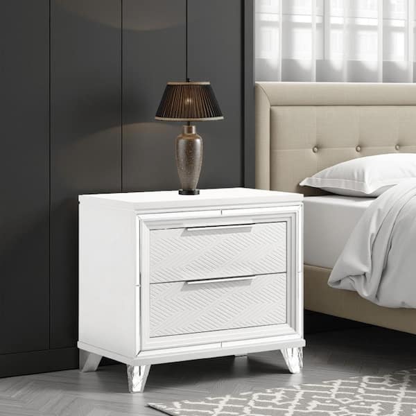 Benjara Mory White 2-Drawer 29.5 in. W Nightstand with Embossed Herringbone Pattern