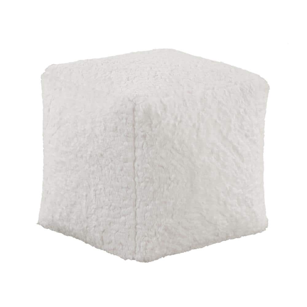 Premium Beige 16 in. x 16 in. Modern Square Pouf Off-White Faux Fur Fabric 