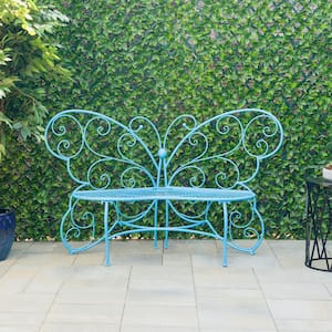 62 in. L Indoor/Outdoor 2-Person Metal Butterfly Shaped Garden Bench, Blue