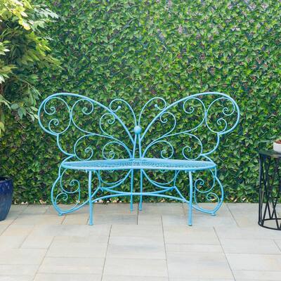 62 in. L Indoor/Outdoor 2-Person Metal Butterfly Shaped Garden Bench, Blue