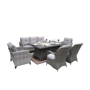 Irene Gray 7-Piece Wicker Patio Fire Pit Conversation Set with Gray Cushions
