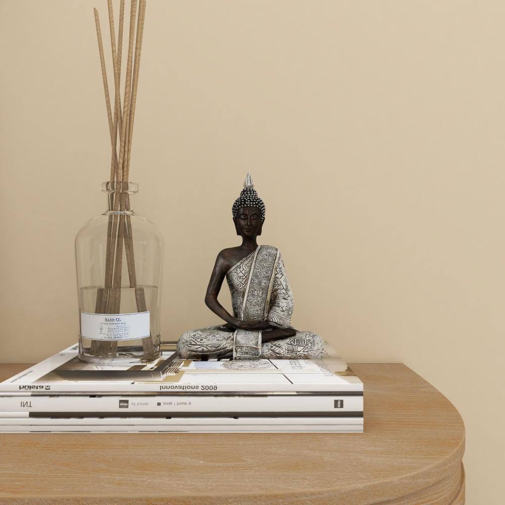 Black and Silver Polystone Meditating Buddha Statue with Engraved Patterns