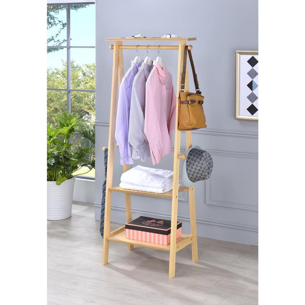 Natural Rubberwood Freestanding Garment Rack with Shelves and Hooks