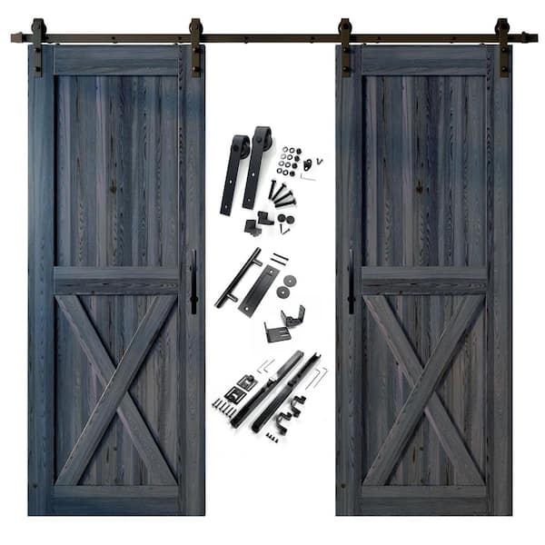 HOMACER 36 in. x 96 in. X-Frame Navy Double Pine Wood Interior Sliding Barn Door with Hardware Kit, Non-Bypass