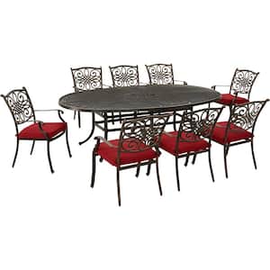 Traditions 9-Piece Aluminum Outdoor Dining Set with Red Cushions, 8 Stationary Chairs and Oval Cast Table