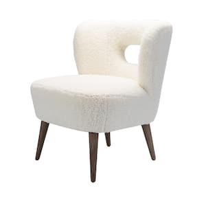 Mini Ivory Vegan Lambskin Sherpa Upholstery Side Chair with Cutout Back and Solid Wood Legs