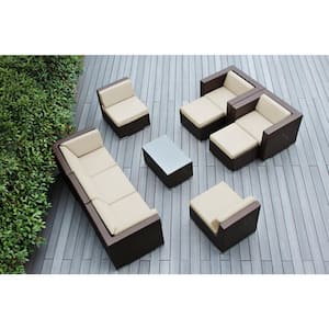 Ohana Dark Brown 10-Piece Wicker Patio Seating Set with Sunbrella Antique Beige Cushions