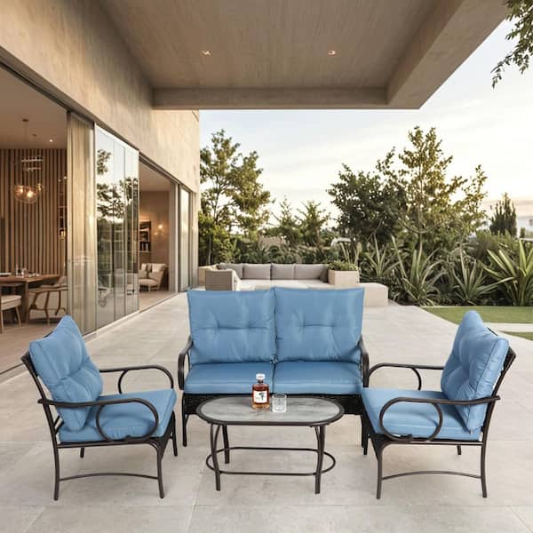 Unbranded 4 Piece Metal Patio Conversation Set or Porch Deck, Rattan Sofa Chair with Blue Cushions