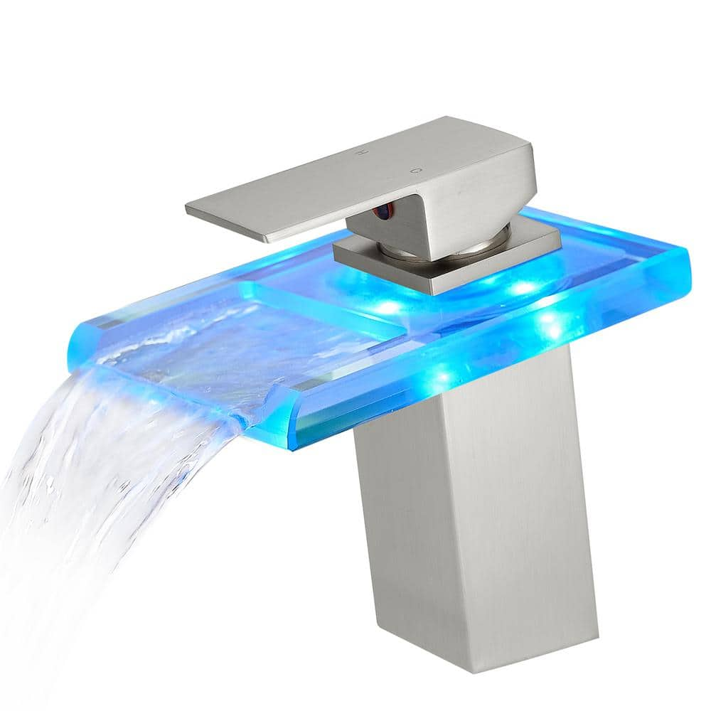  Single Handle One Hole Deck Mounted Bathroom Faucet with LED Light 3 Colors Changing Waterfall Spout in Brushed Nickel