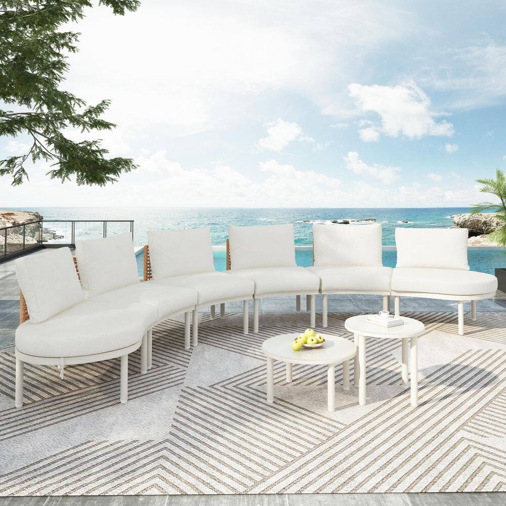 6 Seat 8-Piece Aluminum Patio Sofa Furniture Set, Outdoor Half Moon Section