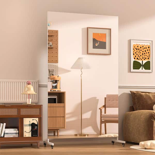 40 in. W x 74.8 in. H Rectangle White Full Length Mirror on Wheels Home Gym Mirror 360° Swivel for Yoga Studio, Bedroom