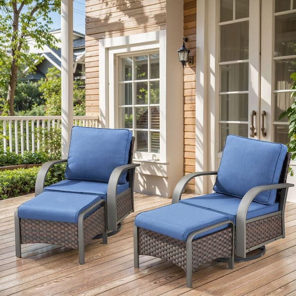 4-Piece Brown Wicker Outdoor Swivel Glider with Blue Cushions and Matching Ottomans Rocking Chairs for Patio or Garden