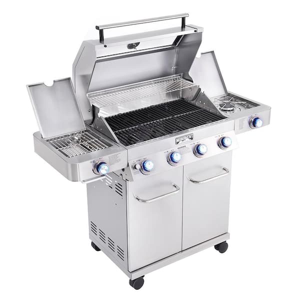 4-Burner Propane Gas Grill in Stainless with Clear View Lid, LED Controls, Side and Sear Burners