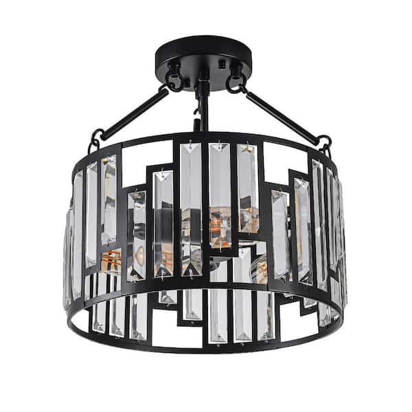 OUKANING 12.79 in. 3-Light Black Modern Indoor Crystal Decor Round Semi-Flush Mount Ceiling Light