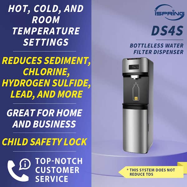 iSpring DS4-S Bottleless Water Dispenser, Self Cleaning, Stainless Steel, Free-Standing Filtered Water Cooler Dispenser