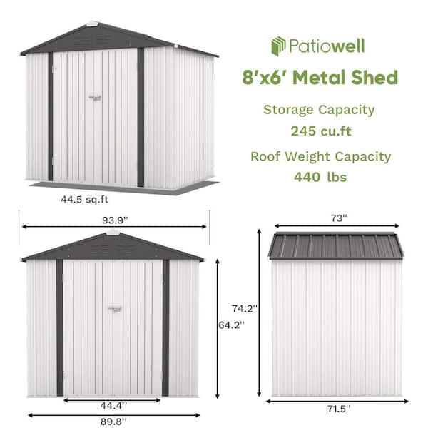 SIXPADｌサイズ Patiowell 8 ft. W x 6 ft. D Outdoor Storage White Metal Shed with