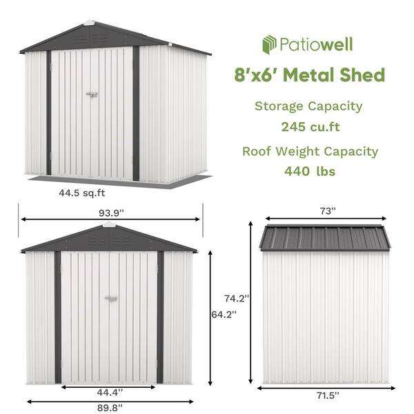 Patiowell 8 ft. W x 6 ft. D Outdoor Storage White Metal Shed with