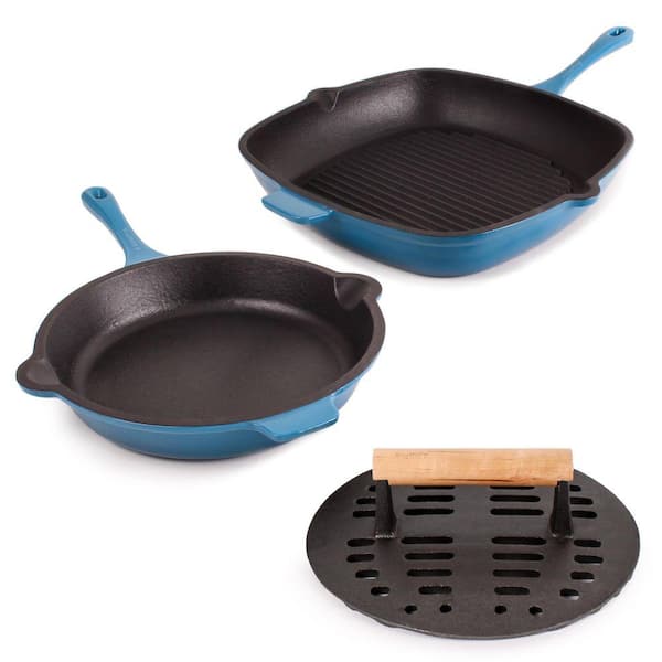 BergHOFF Neo 3-Piece Cast Iron Fry Pan and Grill Pan Set with Slotted Steak Press, Blue