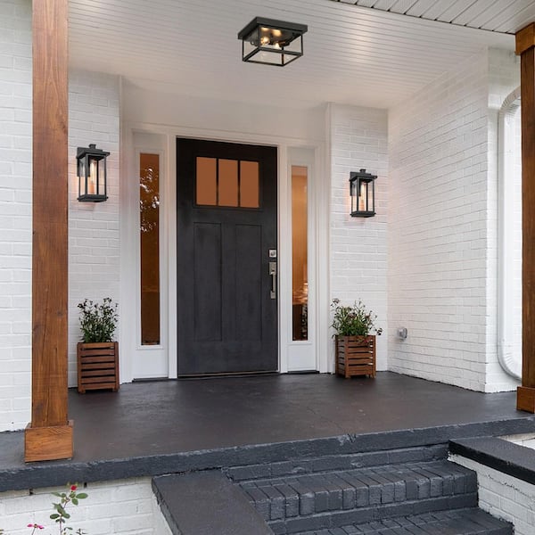 Modern 2-Light Matte Black Outdoor Flush Mount Ceiling Light with Clear Glass Shade for Covered Exterior Porch Entryway