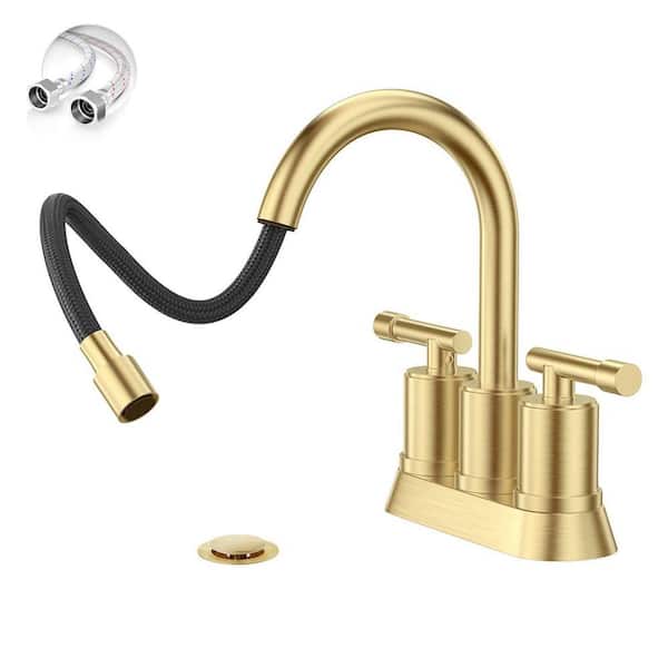 Brushed Gold Faucet for Bathroom Sink, 4 in. 2 Handle 3 Holes Stainless Steel Pop-Up Drain and Supply Lines