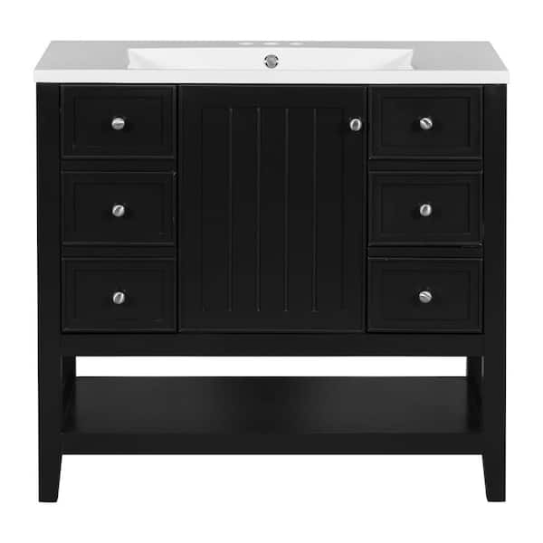 EPOWP 36 in. W x 18 in. D x 34.1 in. H Freestanding Bath Vanity in Black with White Ceramic Top Single Basin Sink & Storage