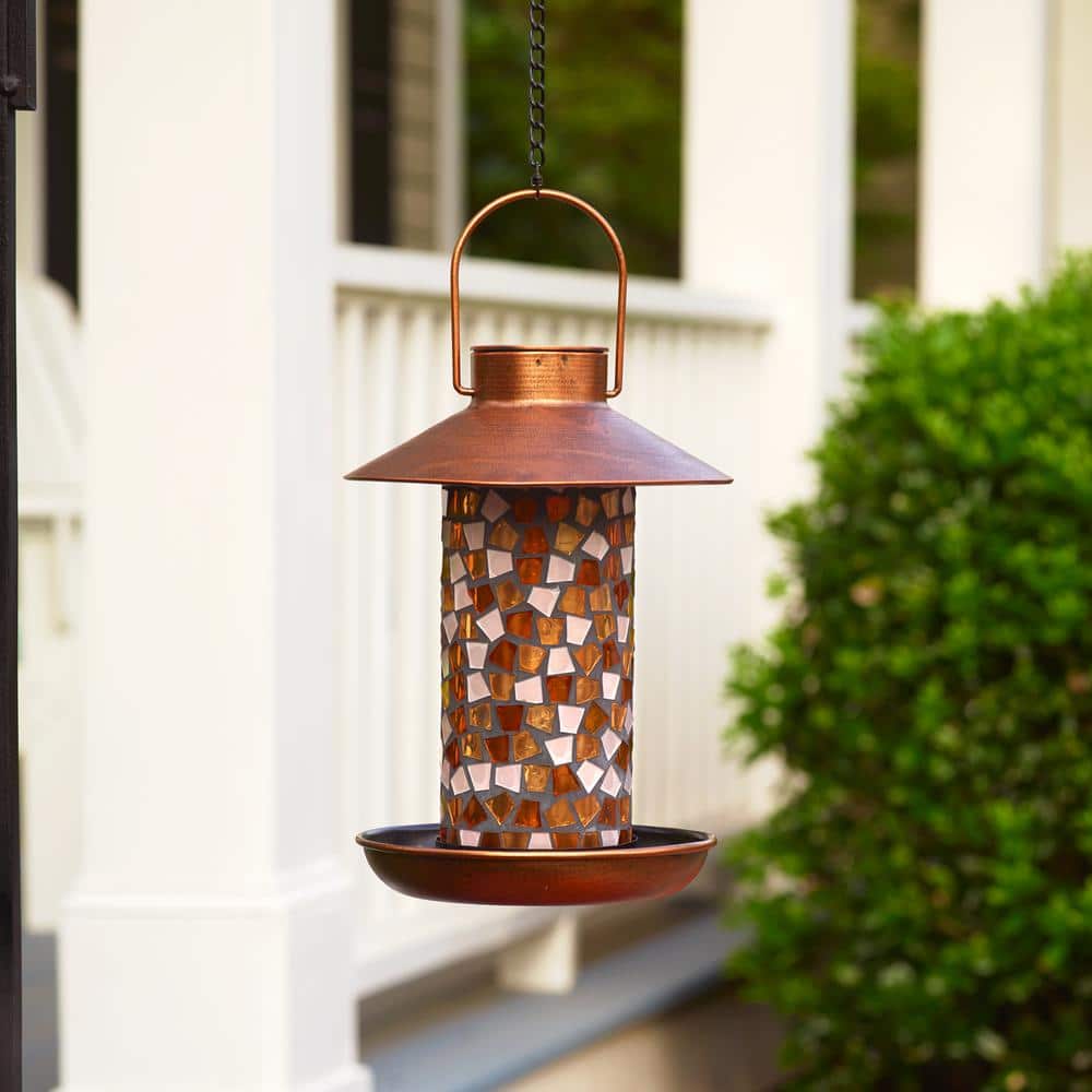 Adelie Mosaic Glass and Copper Hanging Solar Bird Feeder