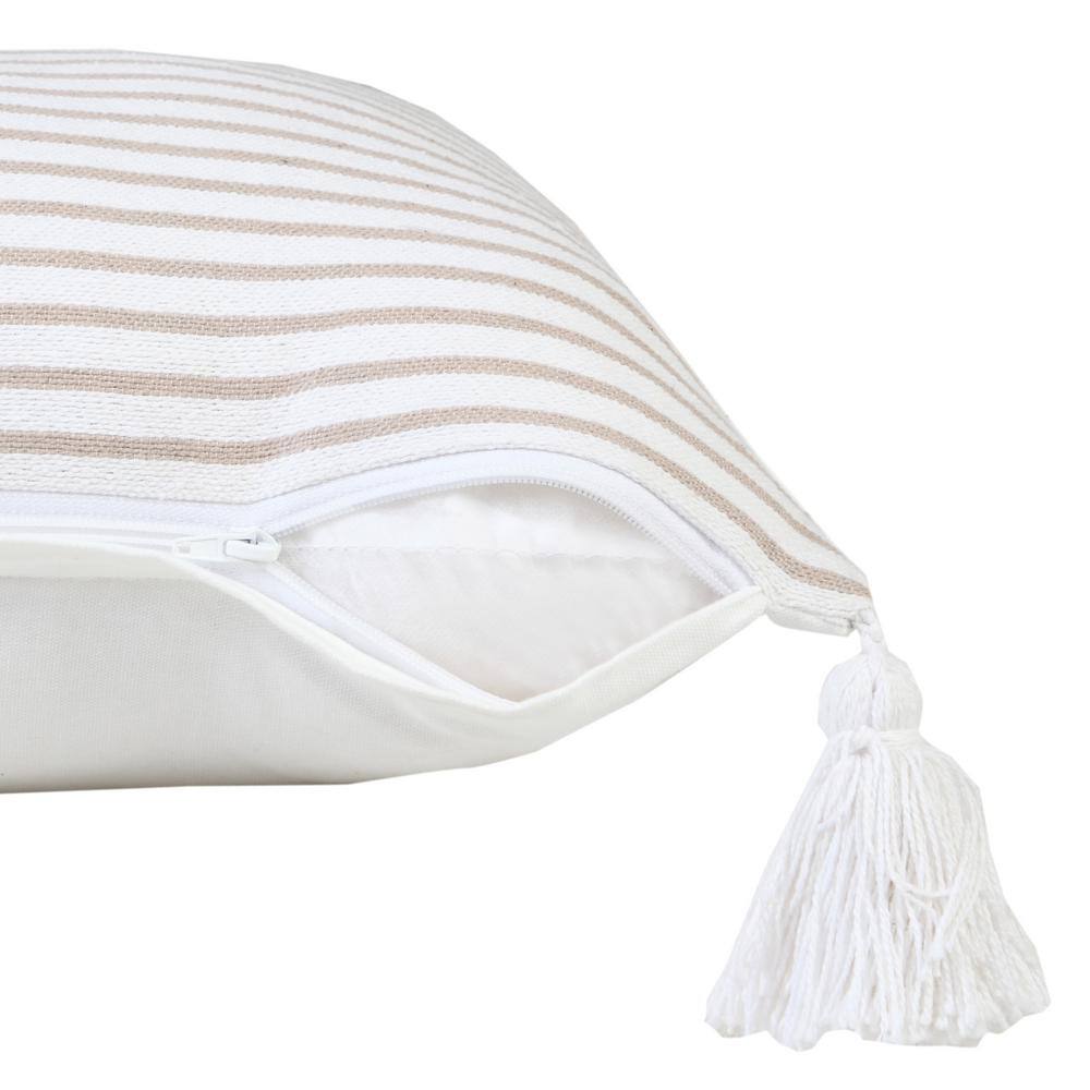 Beige and White Striped Cotton Throw Pillow with Tassels