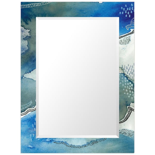 Empire Art Direct 30" x 40" Subtle Blues Rectangular Framed Beveled Modern Mirror on Free Floating Printed Tempered Art Glass