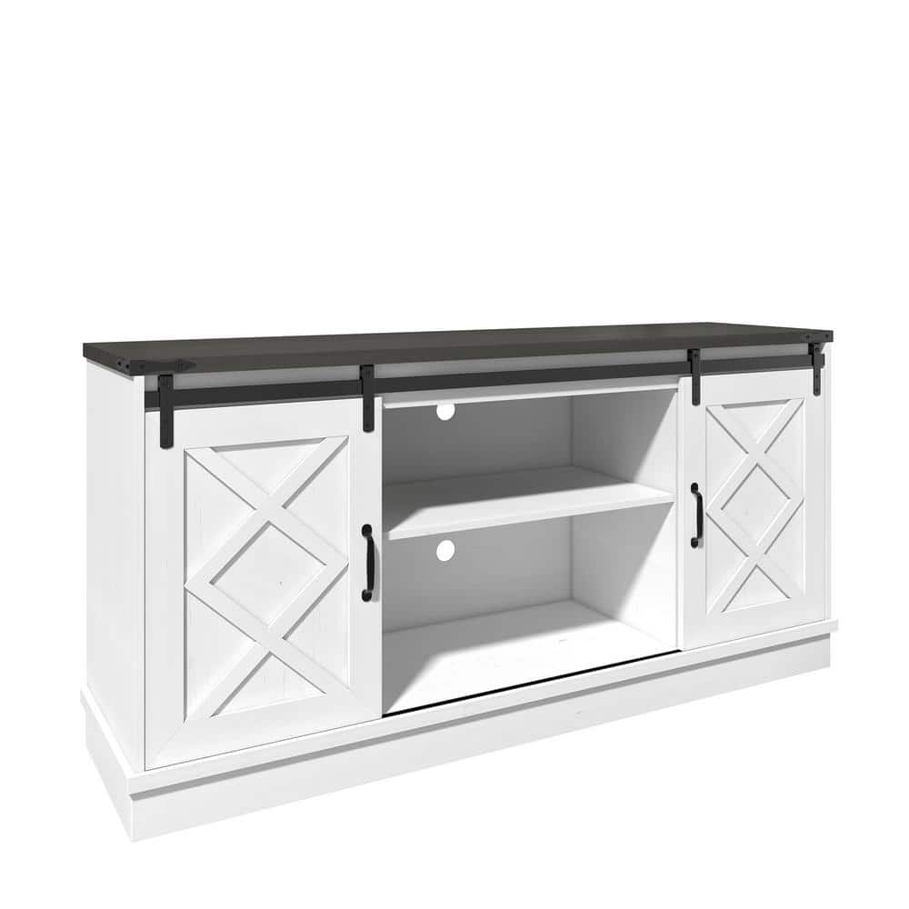 White Farmhouse 58" TV Stand with Sliding Barn Doors