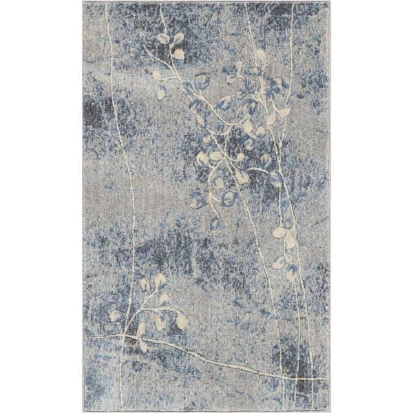 Somerset Silver/Blue doormat 3 ft. x 4 ft. Botanical Contemporary Area Rug