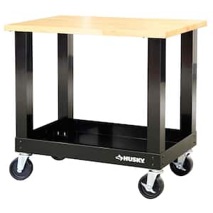 Ready-To-Assemble 3 ft. Portable Solid Wood Top Workbench with Casters in Black