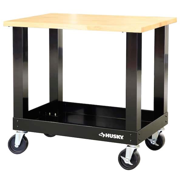 Husky Ready-To-Assemble 3 ft. Portable Solid Wood Top Workbench with Casters in Black