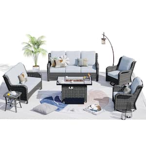 Mercury Gray 6-Piece Wicker Patio Rectangle Fire Pit Conversation Seating Set with Gray Cushions
