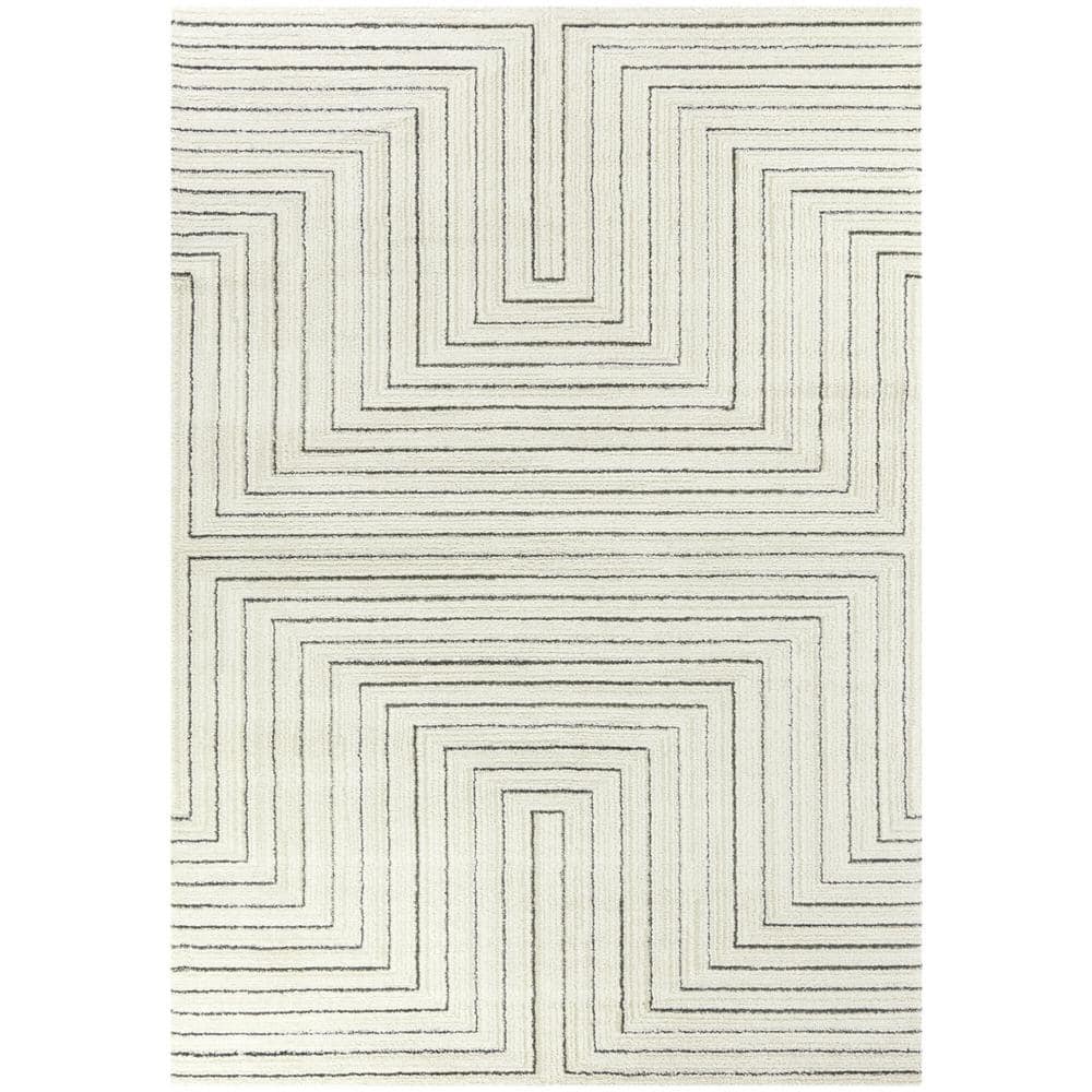 Cream Geometric Synthetic Rectangular Area Rug 6 x 9 ft