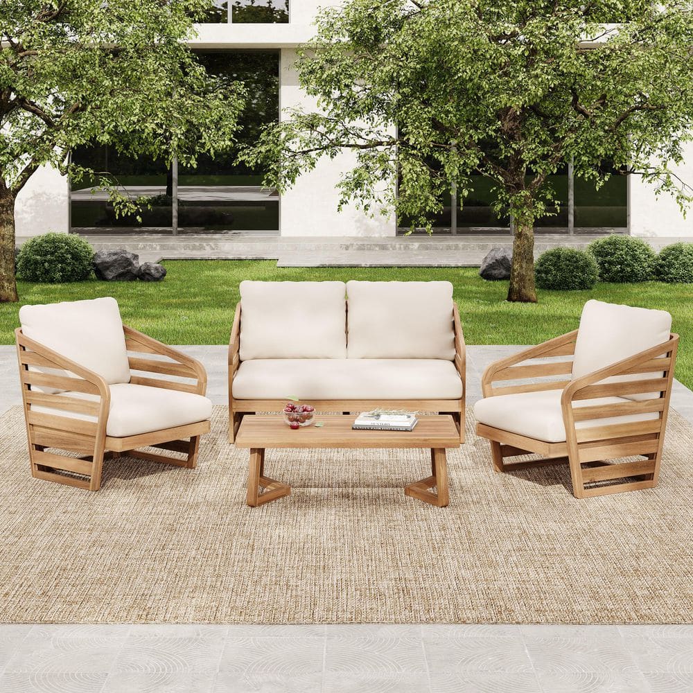Sudzendf 4-Pieces Teak Acacia Wood Patio Conversation Set with Beige ...