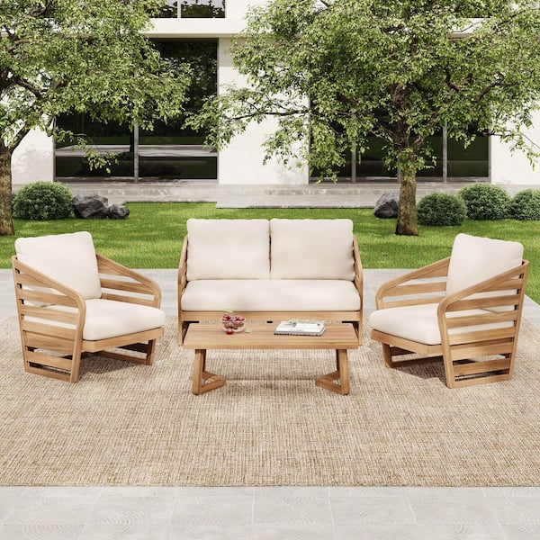 Sudzendf 4-Pieces Teak Acacia Wood Patio Conversation Set with Beige ...