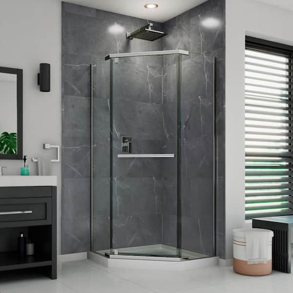 Epiphany Shower Surrounds Glue-up Wall Tiles 15.75 in. x 31.5 in. in Smooth Marble Dark Grey
