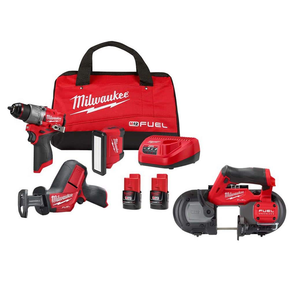 Milwaukee M12 FUEL 12-Volt Li-Ion Brushless Cordless Hammer Drill Combo Kit, Recip Saw, Light, Band Saw w/2 Batteries (4-Tool)