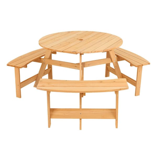 ANGELES HOME 57 in. Natural Kids Outdoor Round Wood Picnic Tables and Bench Set with Umbrella Hole