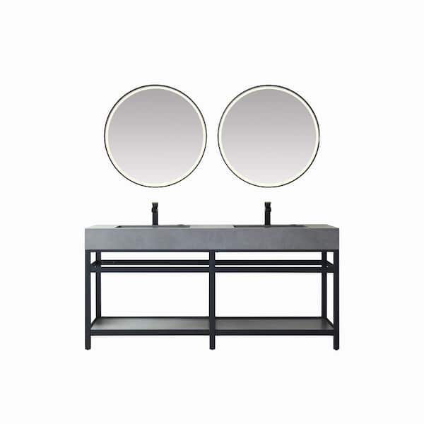 ROSWELL Bilbao 72 in. W x 22 in. D x 34 in. H Double Sink Bath Vanity in Matte Black with Grey Natural Stone Top and Mirror