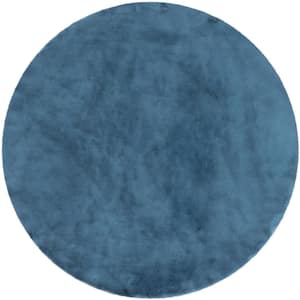 Opal Crest Modern Glam Faux Fur Solid Shag Dark Blue 2 ft. 11 in. Round Area Rug