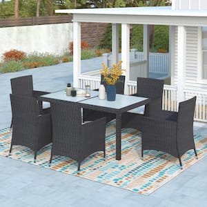 7-Piece Wicker Outdoor Dining Set with Beige Cushion and 1 Tempered Glass Top Table