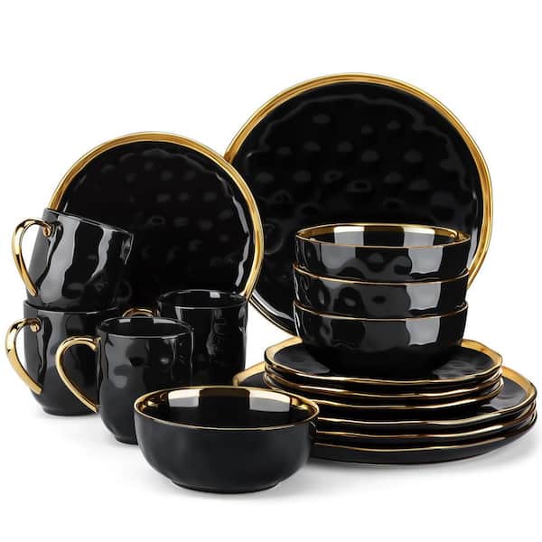 16-Piece Black Porcelain Dinnerware Set Service for 4-Gold Rim Tableware Cereal Bowls Dinner Plates Dessert Plates Mugs